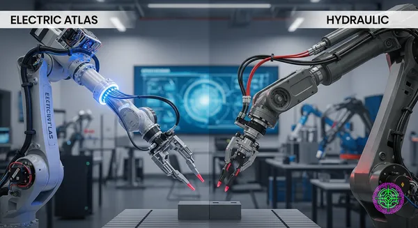 A split comparison showing the rugged hydraulic Atlas versus the sleek new electric Atlas.