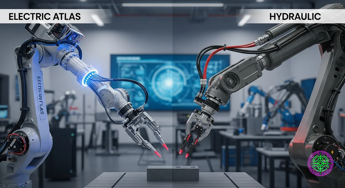 Ein geteilter Vergleich, der den robusten hydraulischen Atlas dem schlanken neuen elektrischen Atlas gegenüberstellt.