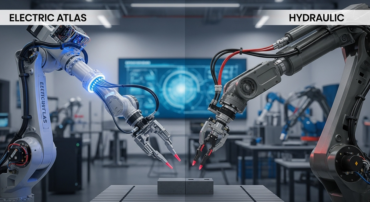A split comparison showing the rugged hydraulic Atlas versus the sleek new electric Atlas.