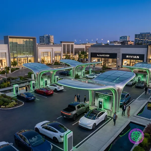 Futuristic Electrify America charging station at a Simon mall at twilight