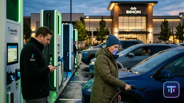 Futuristic Electrify America charging station at a Simon mall at twilight