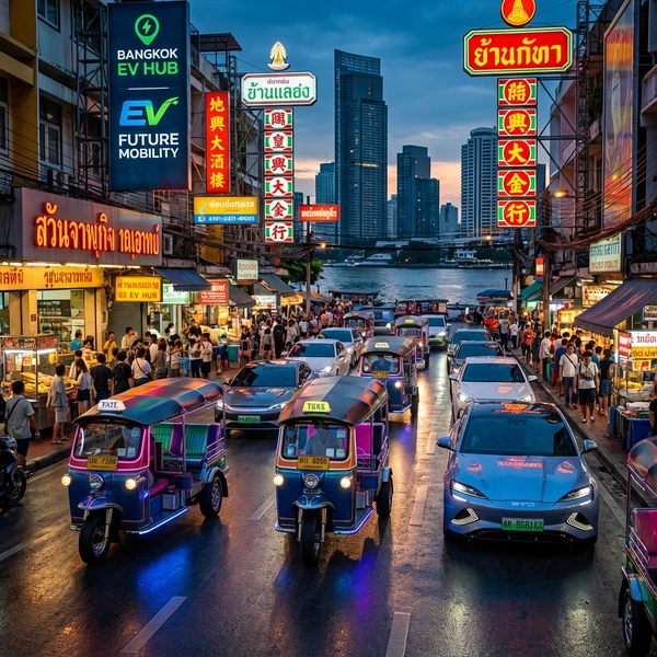 A vibrant street scene in Bangkok at dusk featuring modern electric Tuk-Tuks and BYD sedans under neon lights, symbolizing the new center of the EV revolution.