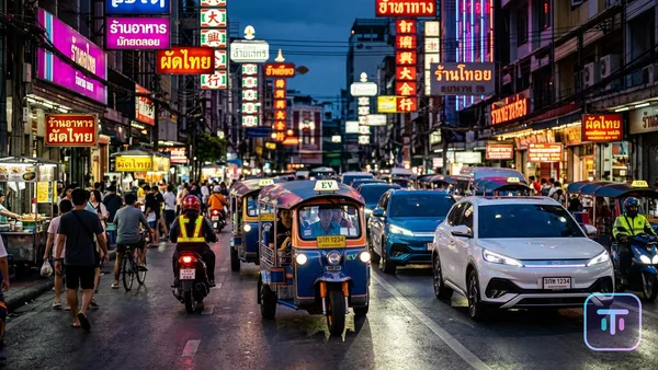 A vibrant street scene in Bangkok at dusk featuring modern electric Tuk-Tuks and BYD sedans under neon lights, symbolizing the new center of the EV revolution.