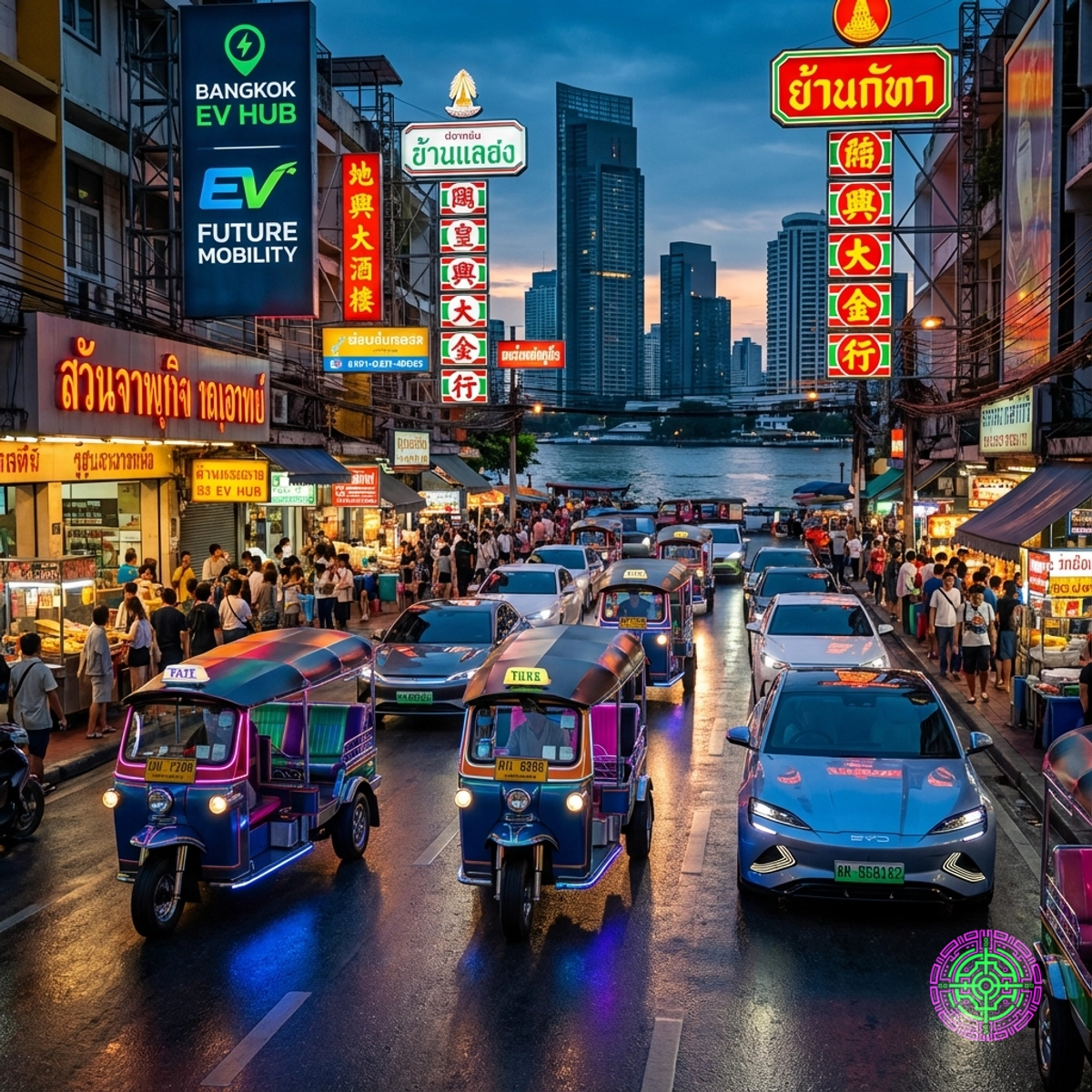 A vibrant street scene in Bangkok at dusk featuring modern electric Tuk-Tuks and BYD sedans under neon lights, symbolizing the new center of the EV revolution.