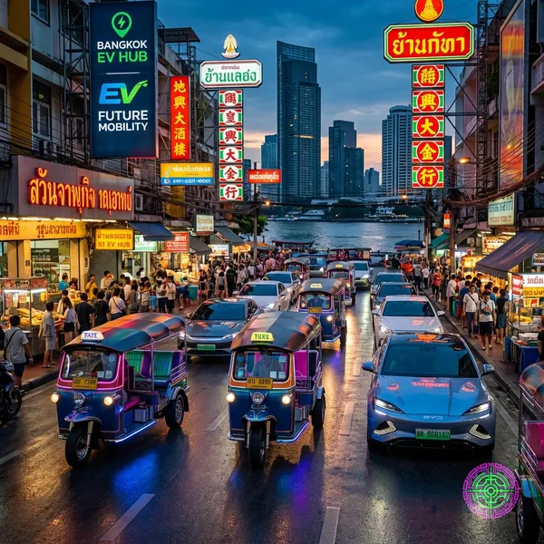 A vibrant street scene in Bangkok at dusk featuring modern electric Tuk-Tuks and BYD sedans under neon lights, symbolizing the new center of the EV revolution.