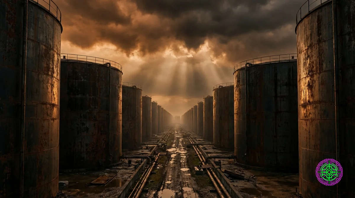 Reihen massiver, rostgestreifter industrieller Öllagertanks, die sich unter einem dramatischen, stürmischen, bernsteinfarbenen Himmel mit Sonnenstrahlen, die durch die Sturmwolken brechen, bis zum Horizont erstrecken