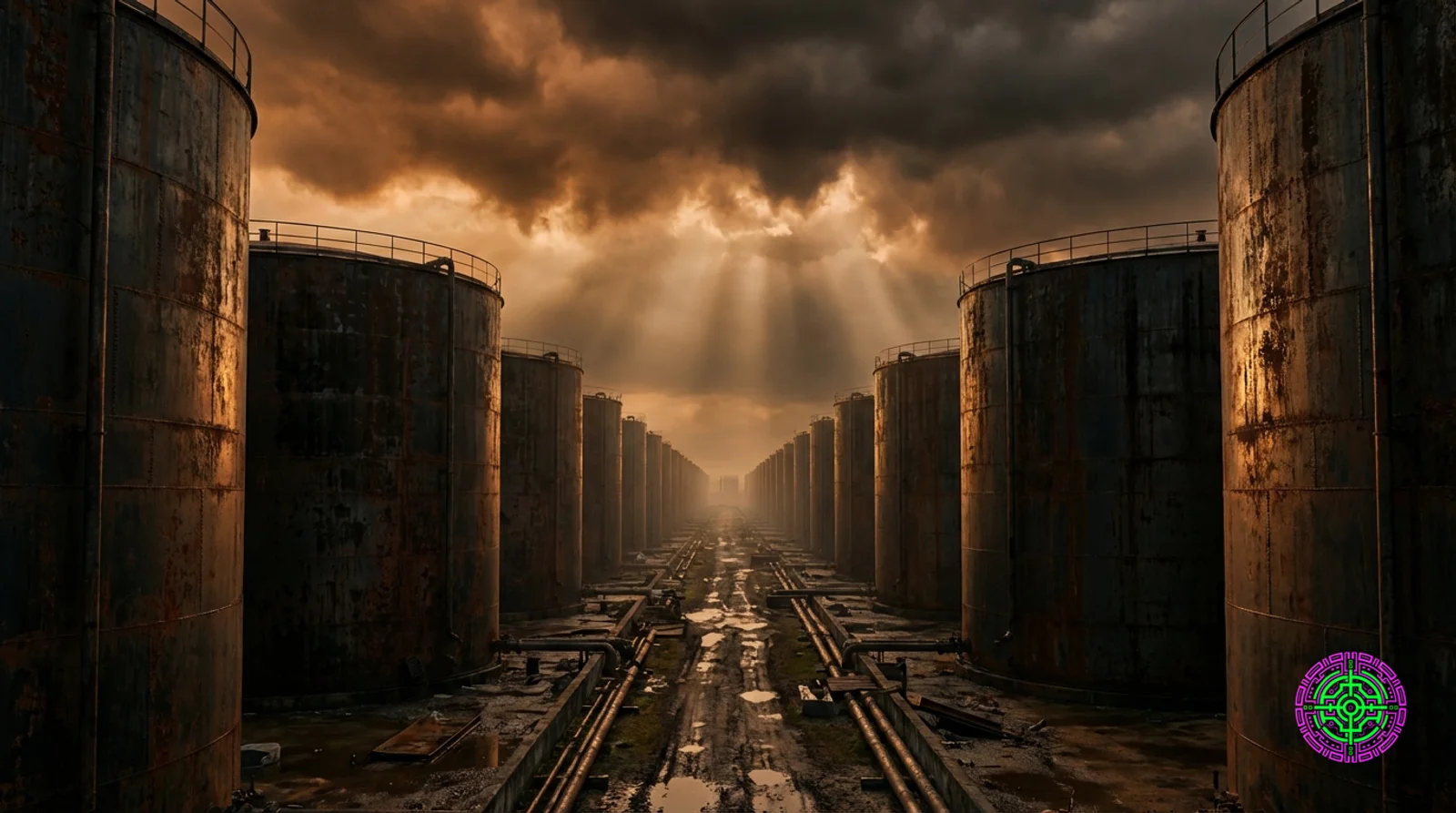 Rows of massive rust-streaked industrial oil storage tanks receding to the horizon under a dramatic stormy amber sky with god rays piercing through storm clouds