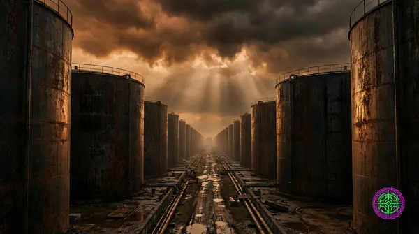 Rows of massive rust-streaked industrial oil storage tanks receding to the horizon under a dramatic stormy amber sky with god rays piercing through storm clouds