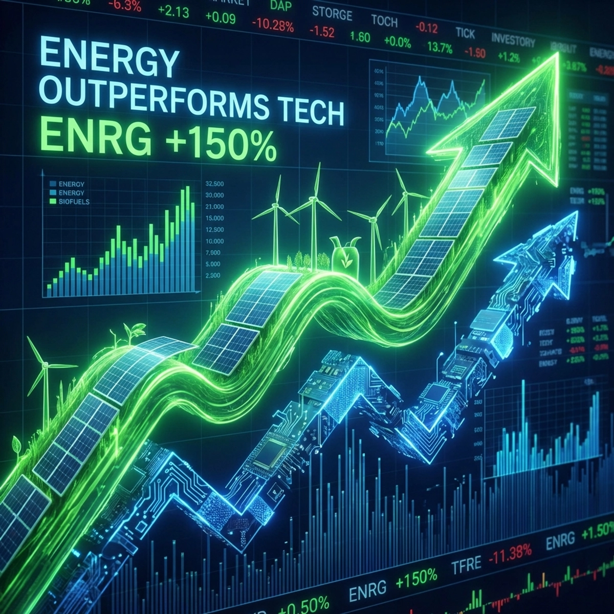 Visualización abstracta de las acciones de energía superando a las acciones tecnológicas