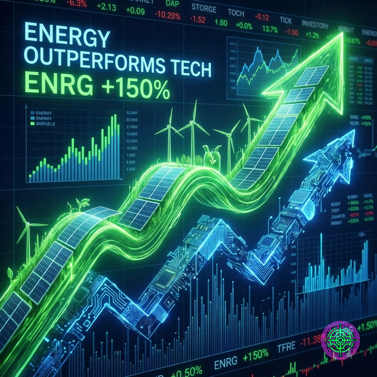 Abstract visualization of energy stocks outperforming tech stocks
