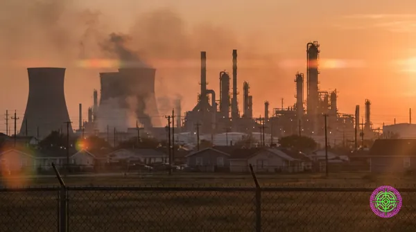 Eine petrochemische Raffinerie, die sich in der goldenen Stunde vor einem dunstigen, blutrot-orangen Himmel abhebt, wobei ein Maschendrahtzaun die Anlage von einem Wohngebiet trennt