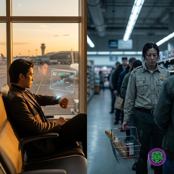 A visual representation of wealth divergence showing a glowing AI processor on one side and a sparse grocery basket on the other.