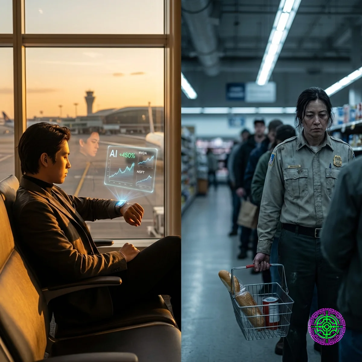 富の乖離を視覚的に表現し、片側に光るAIプロセッサ、もう片側にまばらな食料品バスケットを示しています。