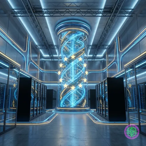 Futuristic European data center integrated with quantum computing core, glowing with EU blue and gold accents