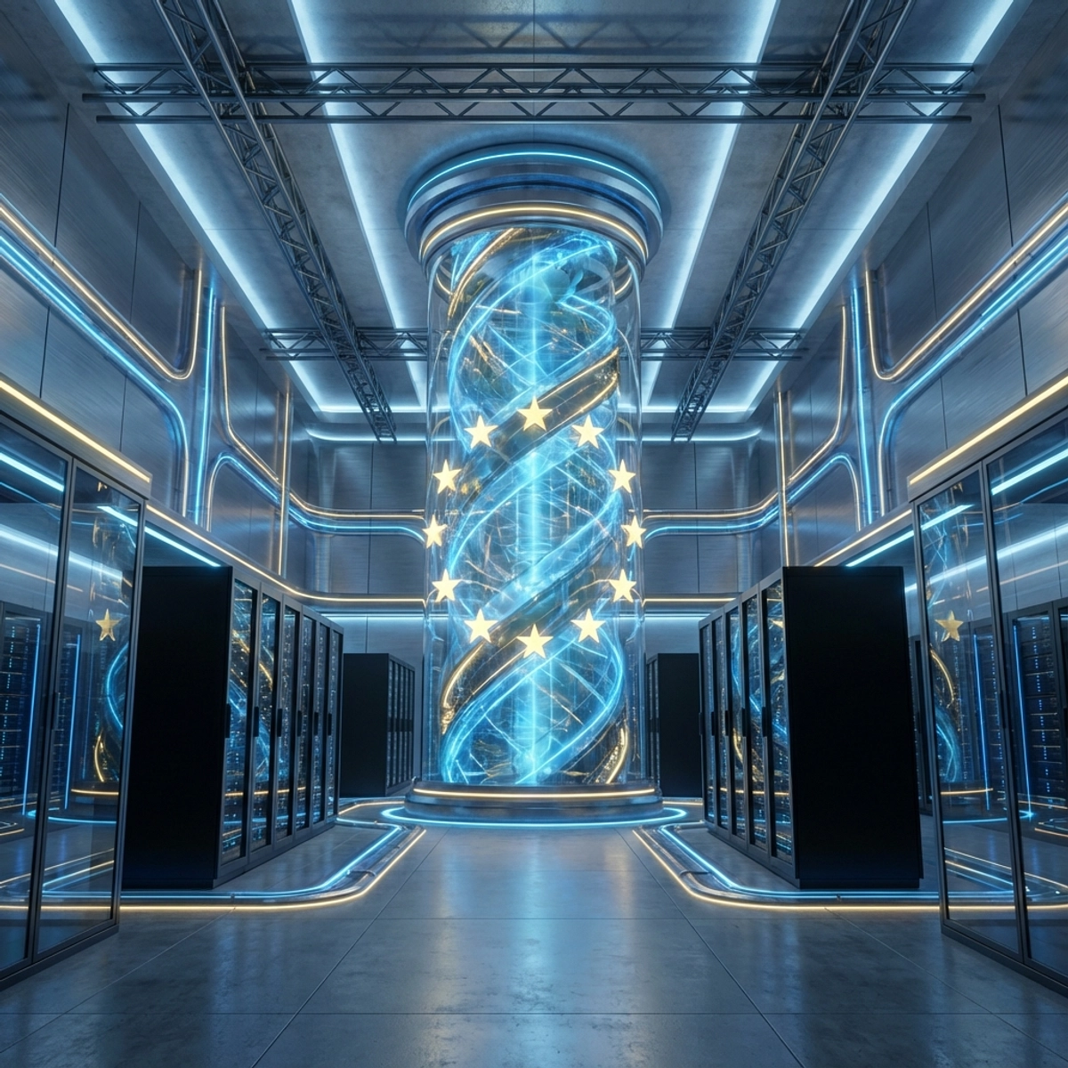 Data center europeu futurista integrado com núcleo de computação quântica, brilhando com detalhes em azul e dourado da UE