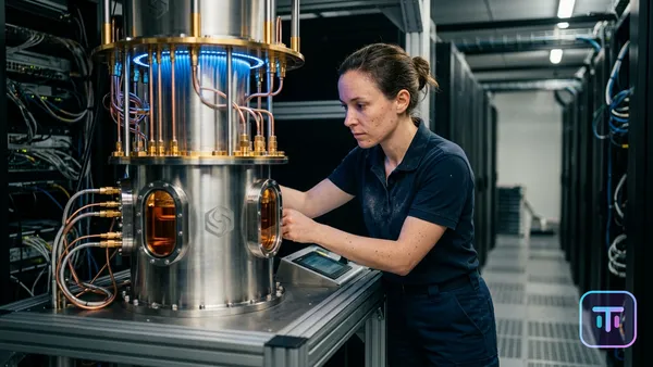 Futuristic European data center integrated with quantum computing core, glowing with EU blue and gold accents