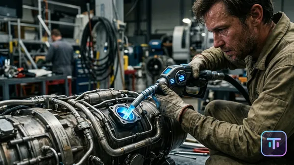 Una boquilla de combustible futurista que dispensa combustible sintético azul brillante en una pieza de motor