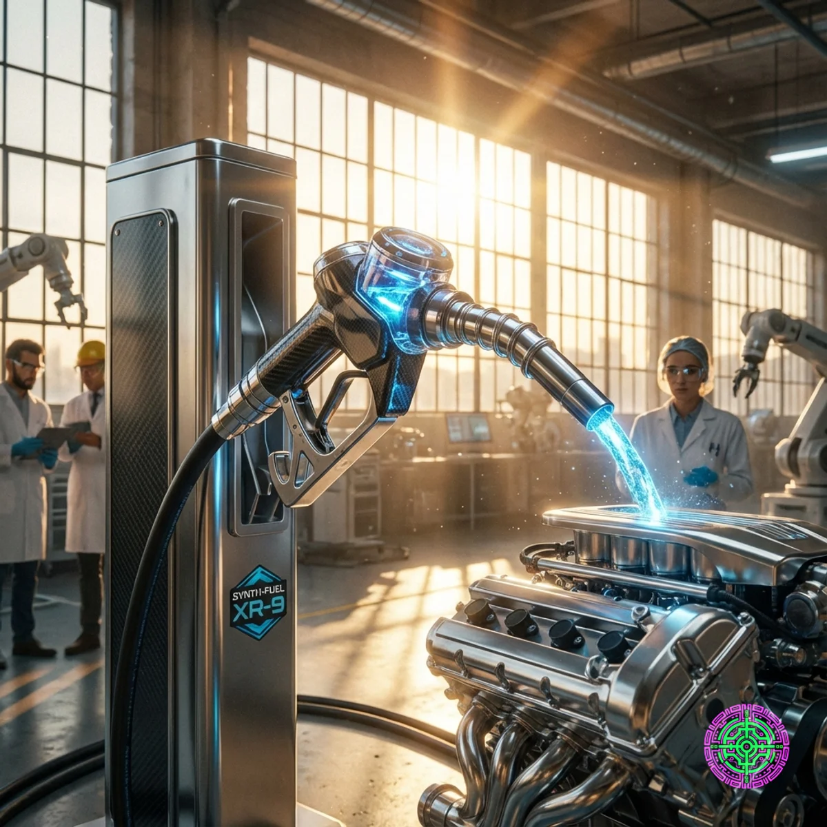 Eine futuristische Kraftstoffdüse, die leuchtend blauen synthetischen Kraftstoff in ein Motorteil abgibt