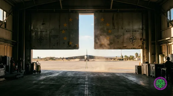 A massive European military hangar blast door closing on a US bomber aircraft on a Mediterranean runway