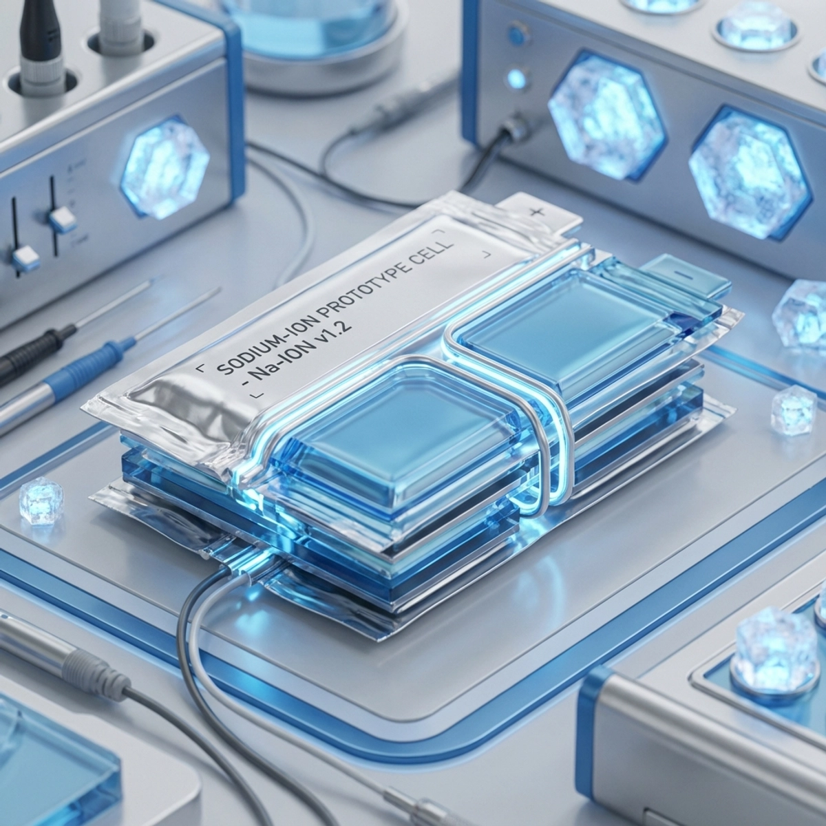 A prototype sodium-ion battery cell on a lab table surrounded by stylized salt crystals