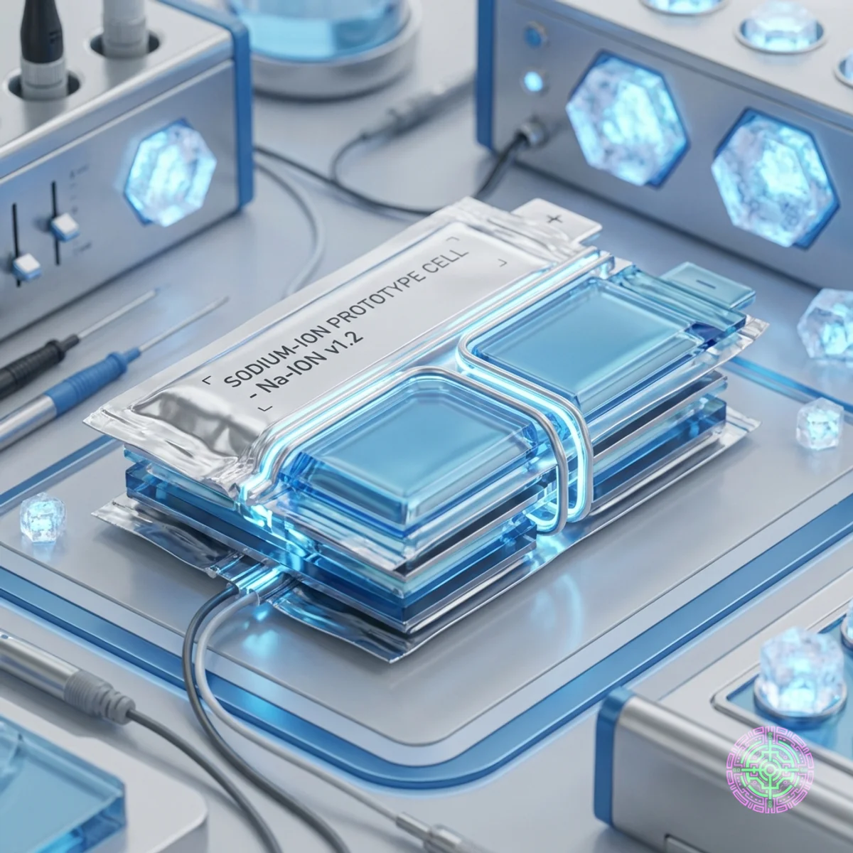 Eine Prototyp-Natrium-Ionen-Batteriezelle auf einem Labortisch, umgeben von stilisierten Salzkristallen