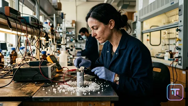 Un prototipo de celda de batería de iones de sodio en una mesa de laboratorio rodeada de cristales de sal estilizados