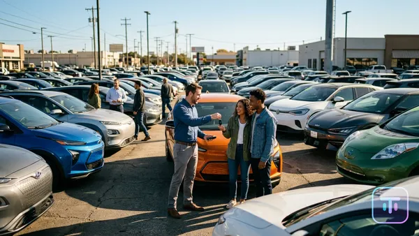 Ein sonniger, belebter Autohausplatz voller moderner Elektrofahrzeuge, der den Erschwinglichkeitsboom von 2026 darstellt.
