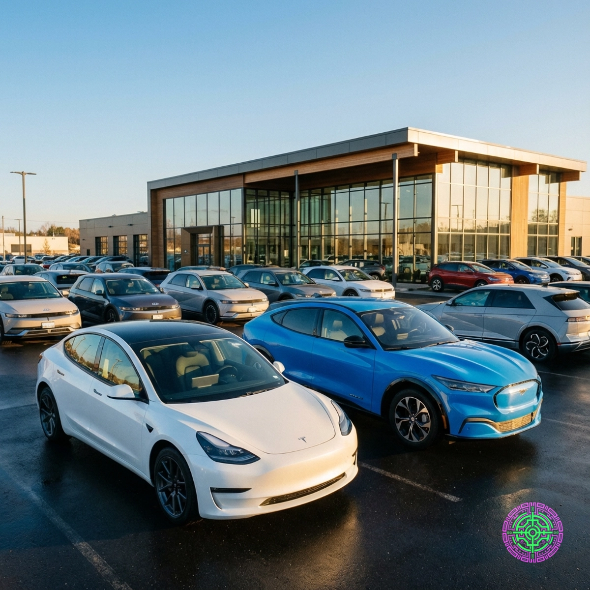 A sunny, bustling car dealership lot filled with modern electric vehicles, representing the 2026 affordability boom.