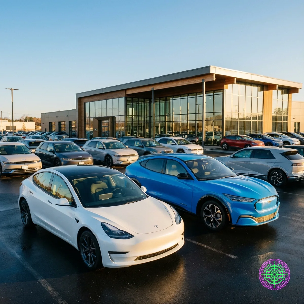 Un terrain de concessionnaire automobile ensoleillé et animé, rempli de véhicules électriques modernes, représentant le boom de l'accessibilité financière de 2026.