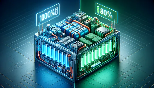 Split screen visualization of EV battery technologies: LFP (100% Charge) vs NMC (80% Limit)
