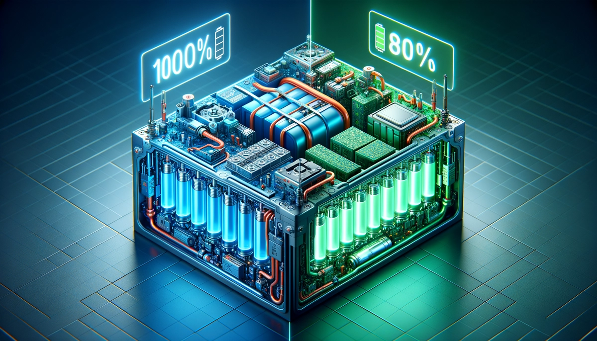 Split screen visualization of EV battery technologies: LFP (100% Charge) vs NMC (80% Limit)