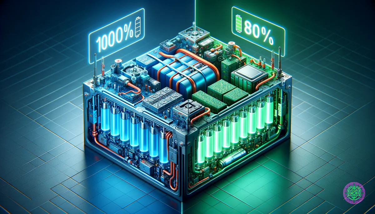 Split-Screen-Visualisierung von EV-Batterietechnologien: LFP (100 % Ladung) vs. NMC (80 % Limit)