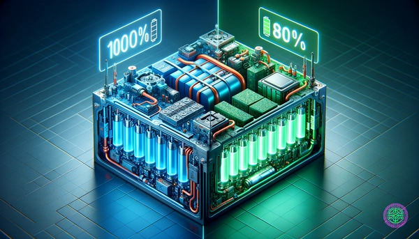 Split screen visualization of EV battery technologies: LFP (100% Charge) vs NMC (80% Limit)