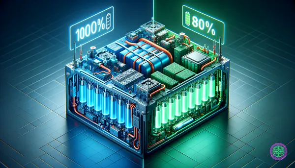 Split screen visualization of EV battery technologies: LFP (100% Charge) vs NMC (80% Limit)