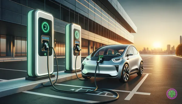Modern electric vehicle charging station at sunset with clean sustainable energy vibe