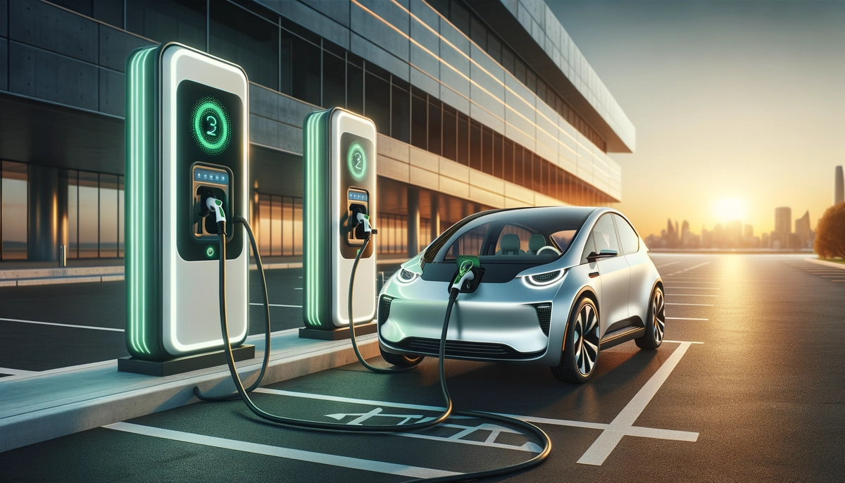 Modern electric vehicle charging station at sunset with clean sustainable energy vibe