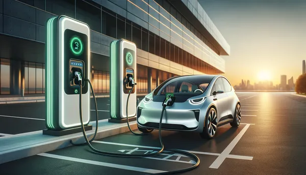 Modern electric vehicle charging station at sunset with clean sustainable energy vibe