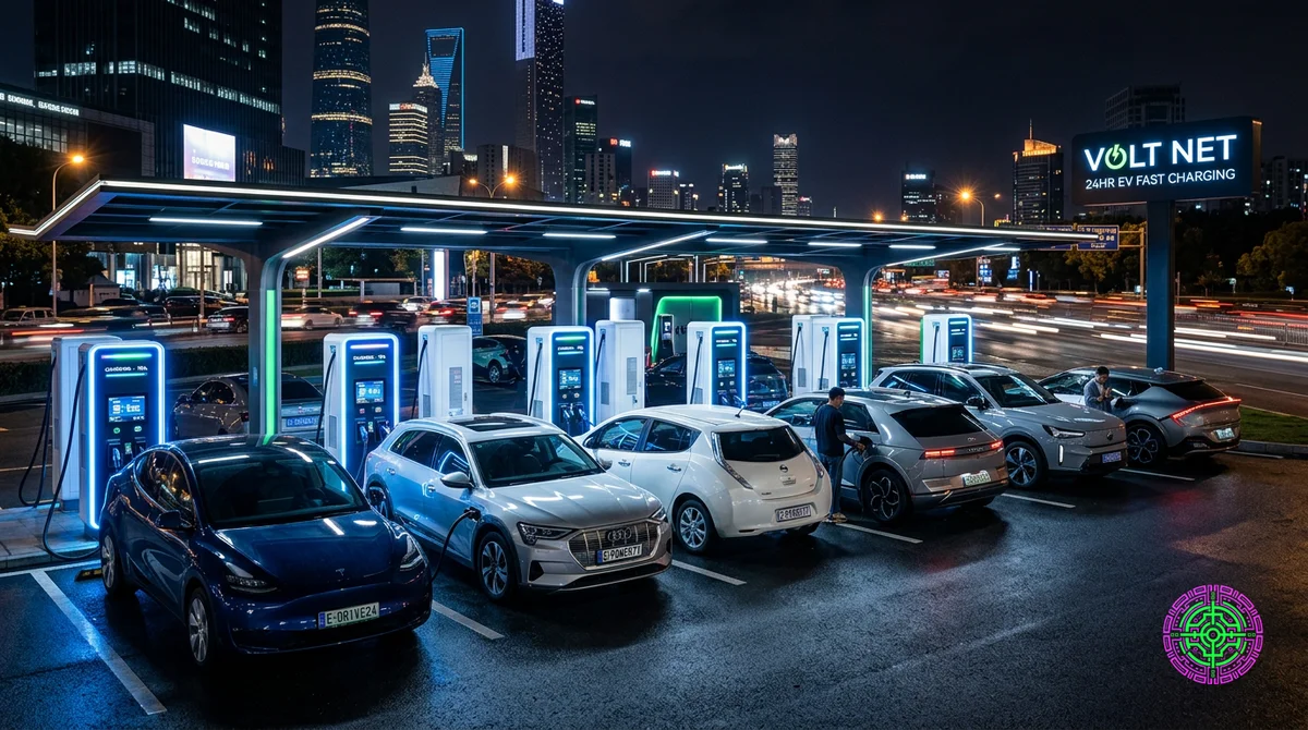 Une station de recharge publique pour VE élégante et moderne, remplie de voitures en charge sous des lampadaires spectaculaires la nuit, tandis qu’une concession automobile traditionnelle vide est visible au loin.