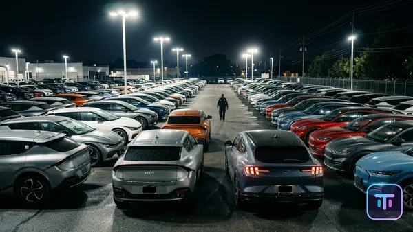 Rows of unsold Kia EV6 and Mustang Mach-E vehicles at a dealership lot at night under harsh floodlights