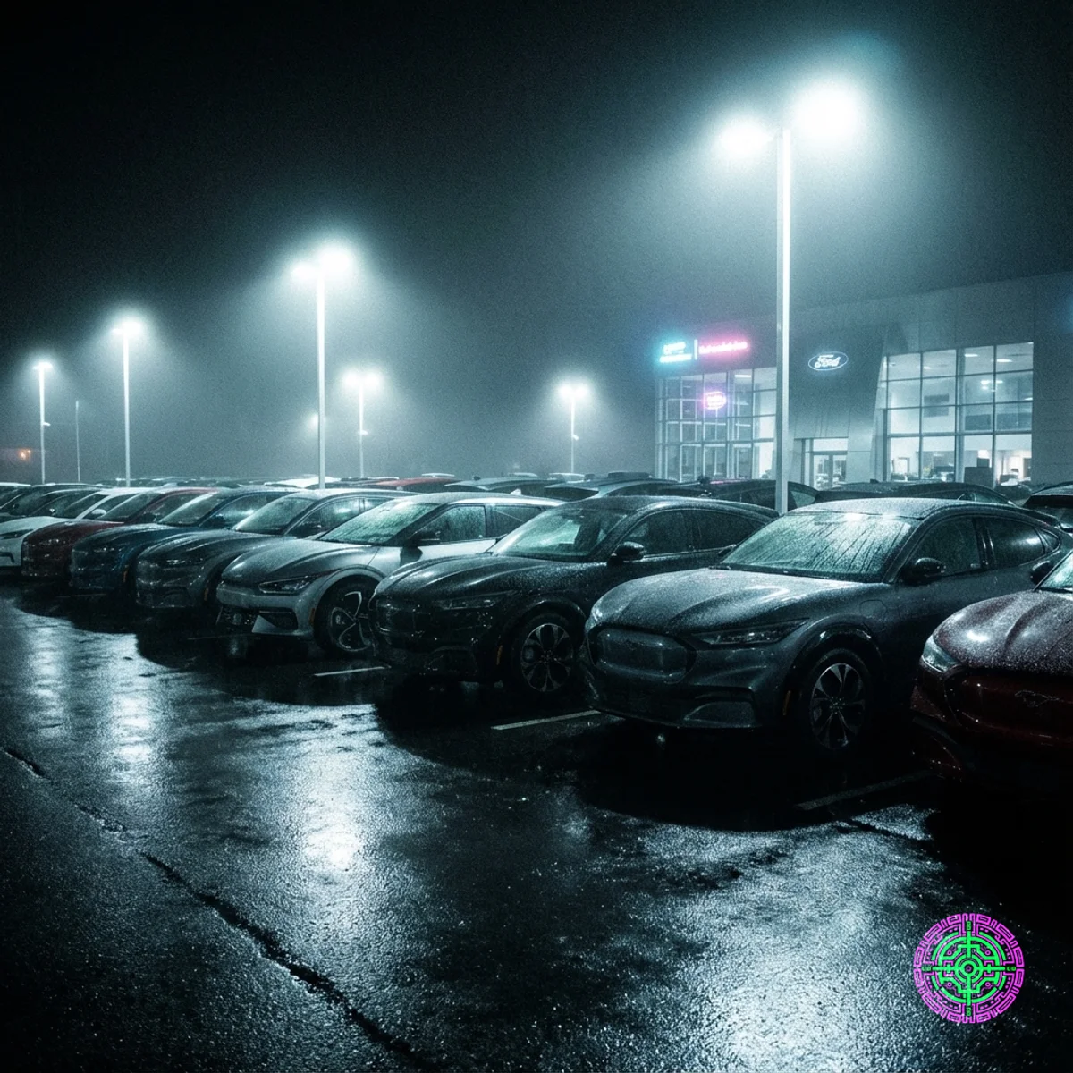 Filas de vehículos Kia EV6 y Mustang Mach-E sin vender en un lote de concesionarios por la noche bajo duras luces de inundación
