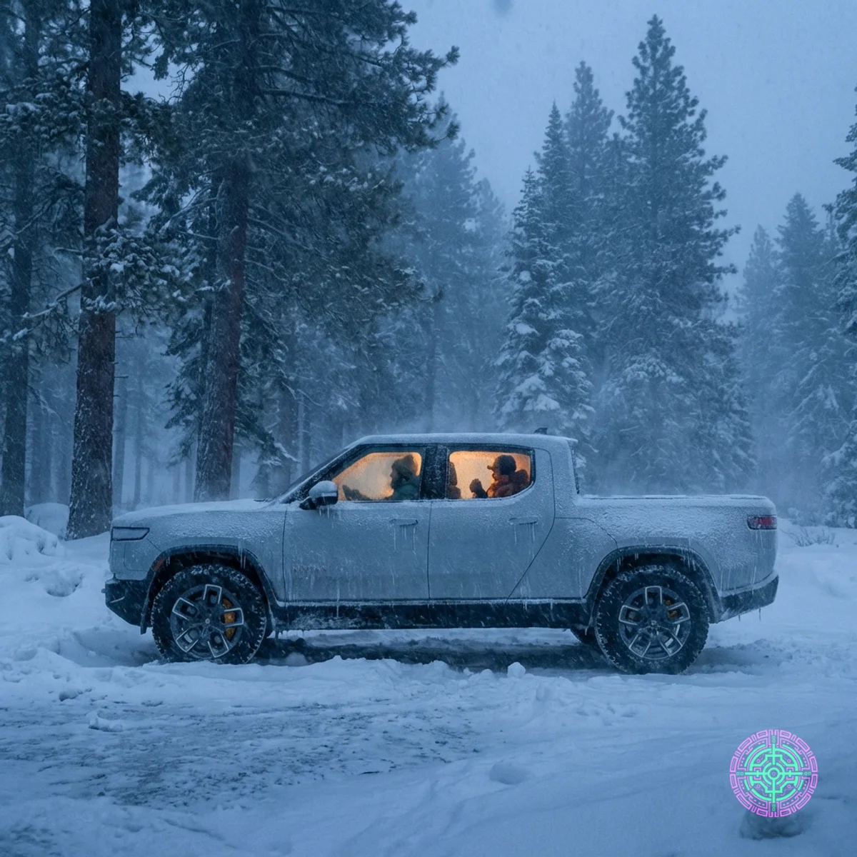 Una camioneta Rivian R1T estacionada en un bosque invernal congelado al atardecer con una cabina cálida y brillante