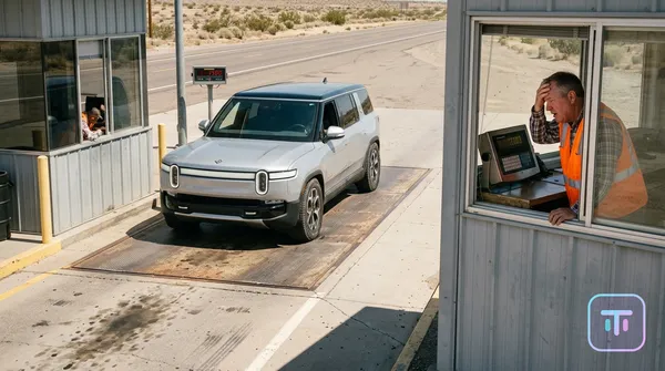 Ein futuristisches Elektrofahrzeug-Chassis auf einer Waage, das aufgrund eines massiven Akkupacks kritische Gewichtswarnungen anzeigt