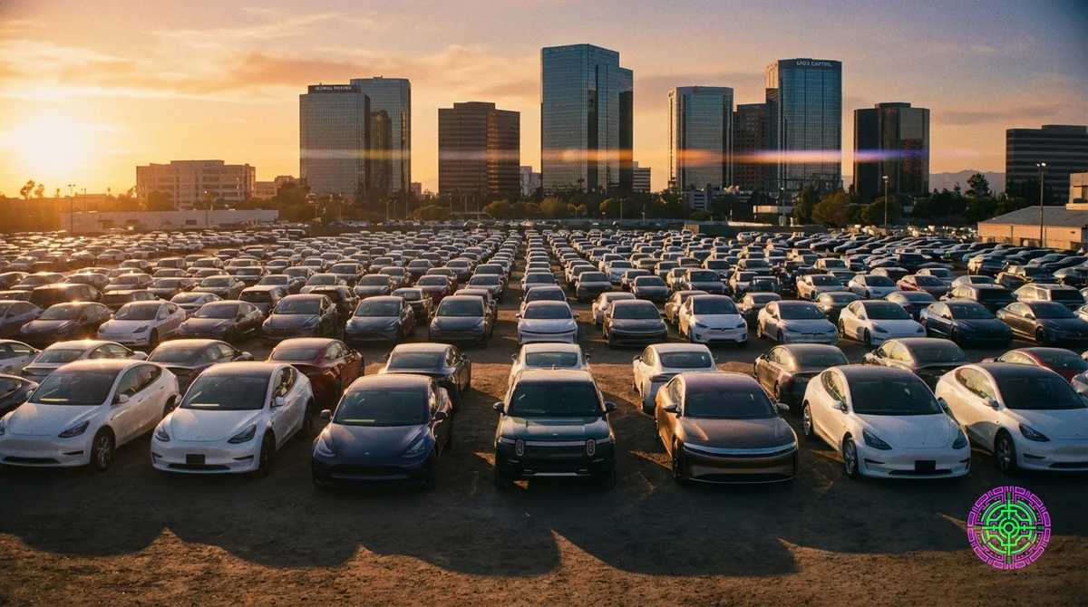 Uma composição fotográfica cinematográfica ultra-ampla de 16:9 de um enorme lote de leilões de automóveis ao ar livre repleto de veículos elétricos de alta qualidade, iluminação dramática da hora dourada, sombras longas, logotipos de bancos corporativos fracamente visíveis em arranha-céus distantes, hiper-realista, resolução de 8k, reflexo de lente anamórfica