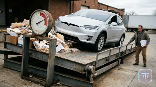 A modern electric SUV trapped on a giant mechanical weight scale tipping under tax documents.