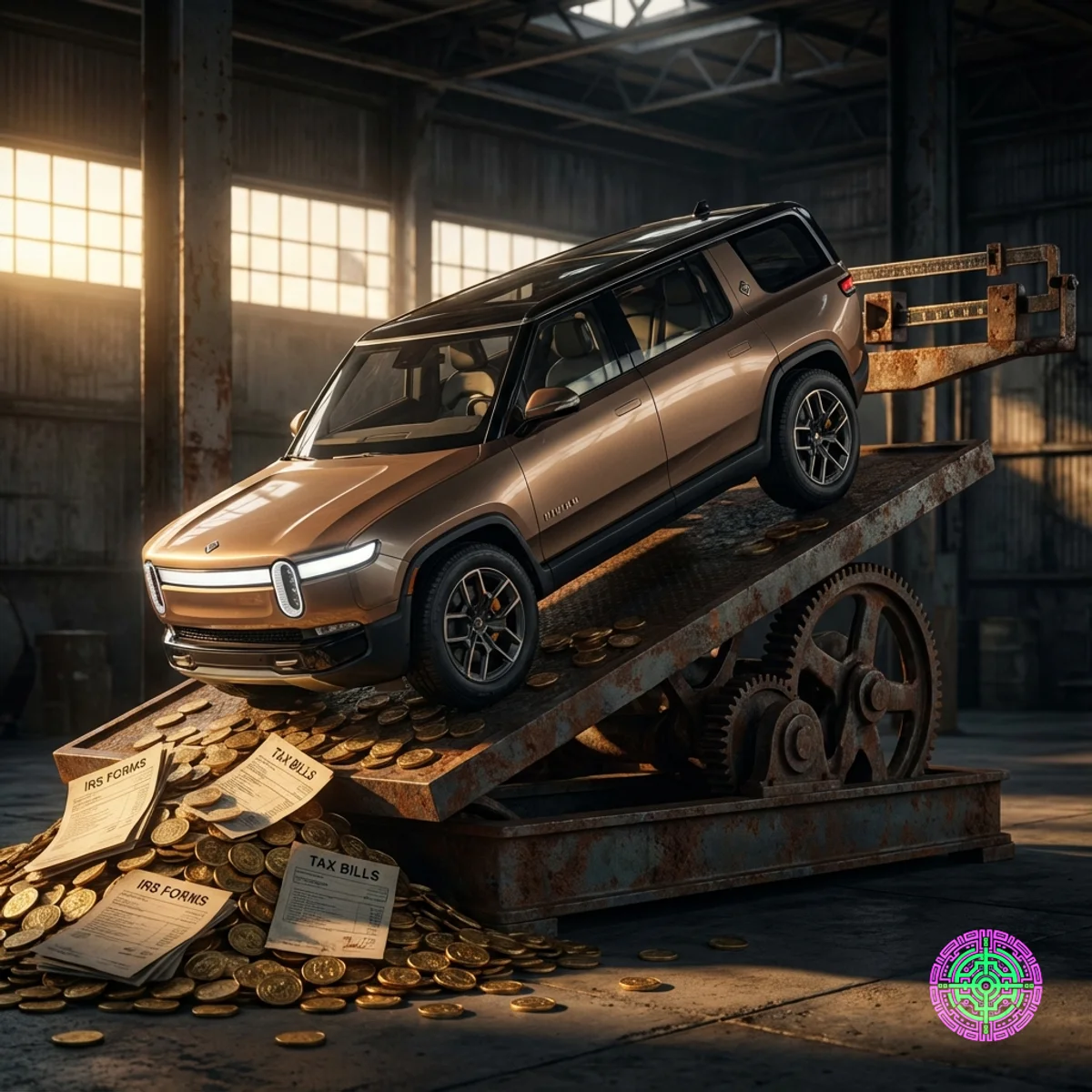 Un moderno SUV eléctrico atrapado en una báscula mecánica gigante que se inclina bajo documentos fiscales.