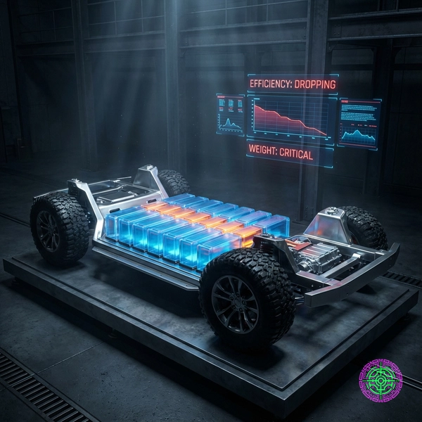 A futuristic EV chassis on a scale showing critical weight alerts due to a massive battery pack