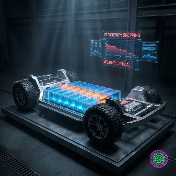 A futuristic EV chassis on a scale showing critical weight alerts due to a massive battery pack