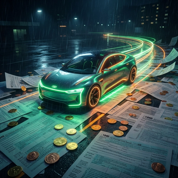 Digital illustration of an EV driving on a road of coins.