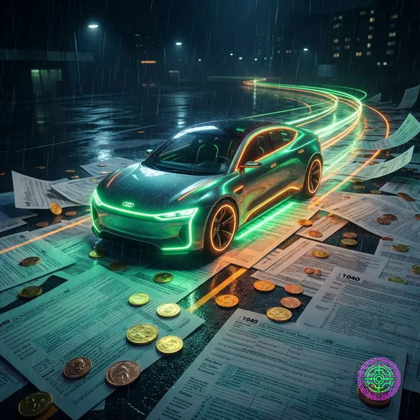 Digital illustration of an EV driving on a road of coins.