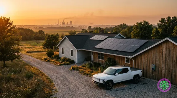 A single-story American farmhouse with solar panels on the roof and an EV charging in the driveway at golden hour, with oil refinery smokestacks visible on the distant horizon